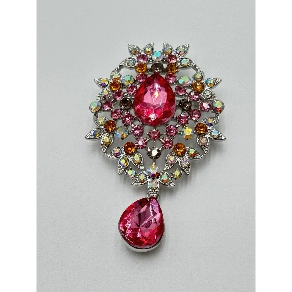 Vintage Style Rhinestone Brooch‎ Pendant Pink Teardrop AB Crystal Floral